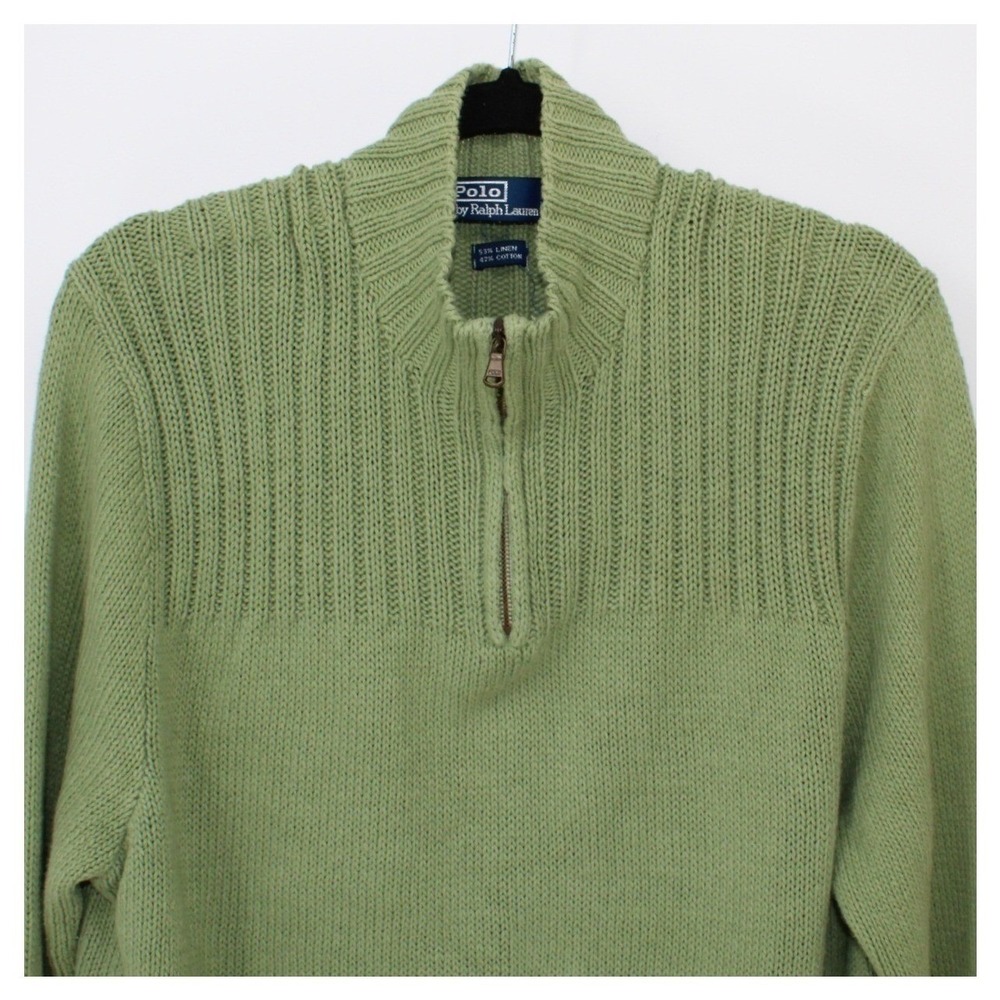 Polo Ralph Lauren XXL $298 Linen Cotton 1/4 Zip Sage Green Ribbed Knit Sweater